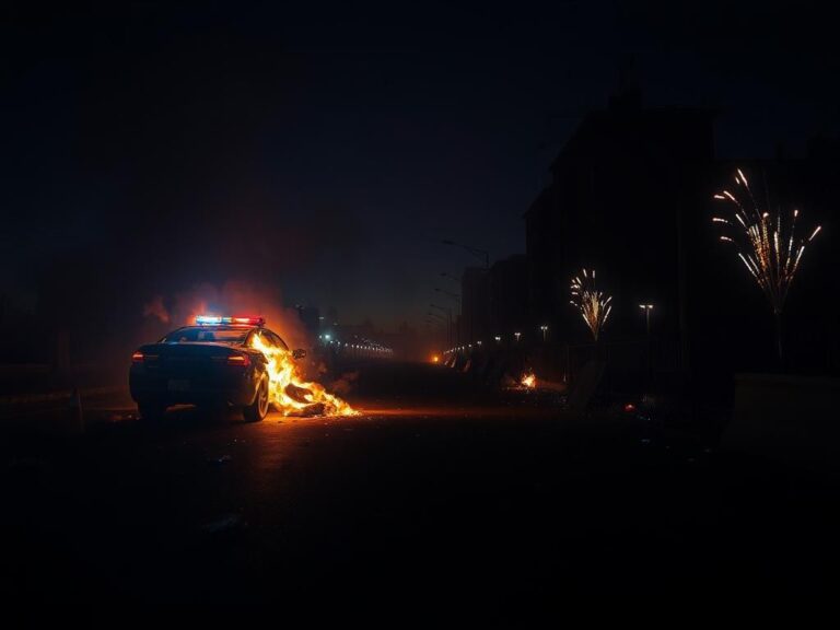 Flick International Dark urban street scene with a damaged police cruiser on fire