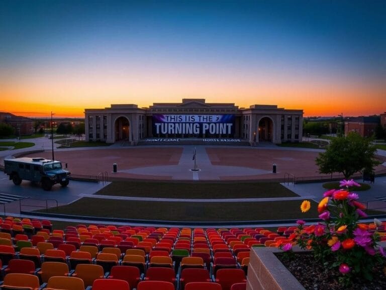 Flick International A vast landscape of the University of North Dakota campus with an empty amphitheater and National Guard vehicle