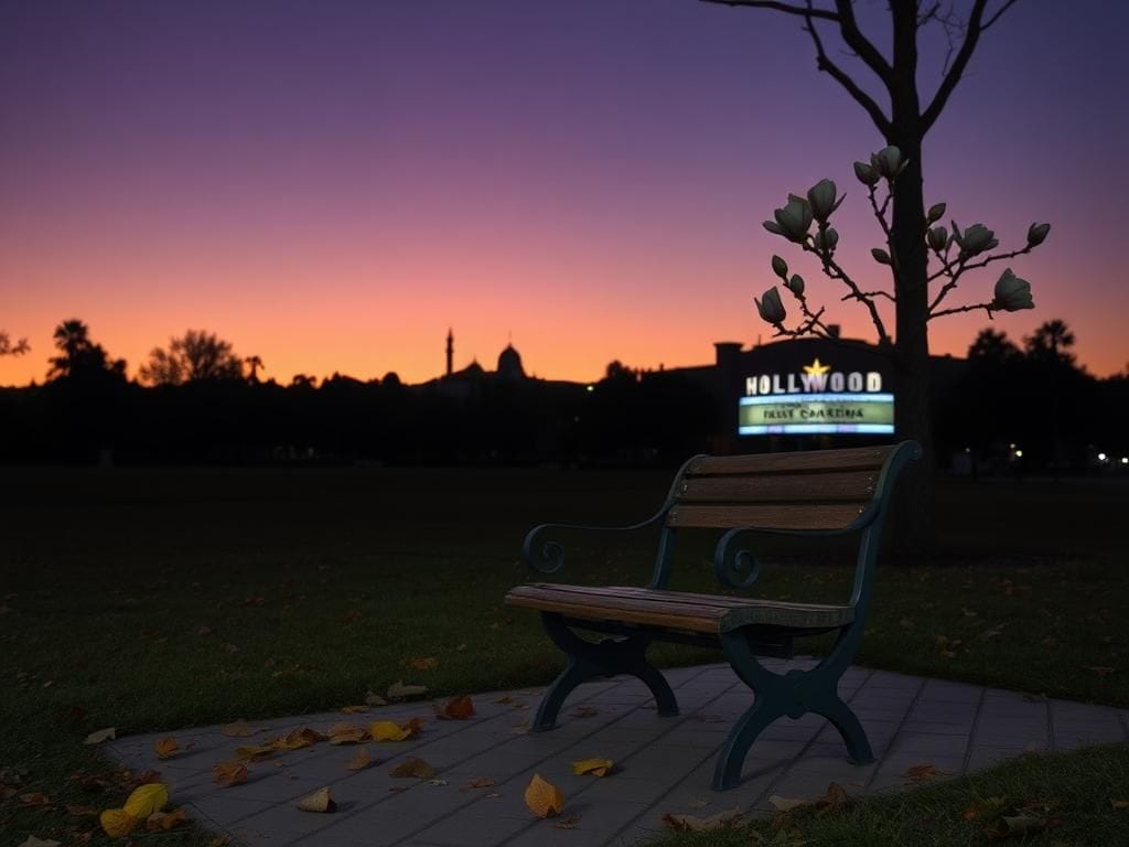 Flick International A melancholic park scene in Los Angeles at dusk with a vintage bench and fallen leaves