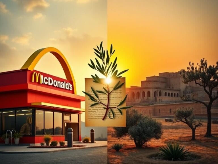 Flick International A split scene showing a vibrant McDonald's restaurant on one side and a peaceful Middle Eastern landscape on the other, symbolizing Donald Trump's political journey.