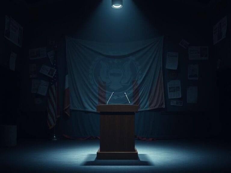 Flick International Dimly lit political gathering with an empty podium symbolizing absence of discourse