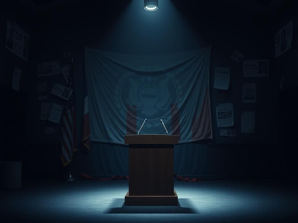 Flick International Dimly lit political gathering with an empty podium symbolizing absence of discourse