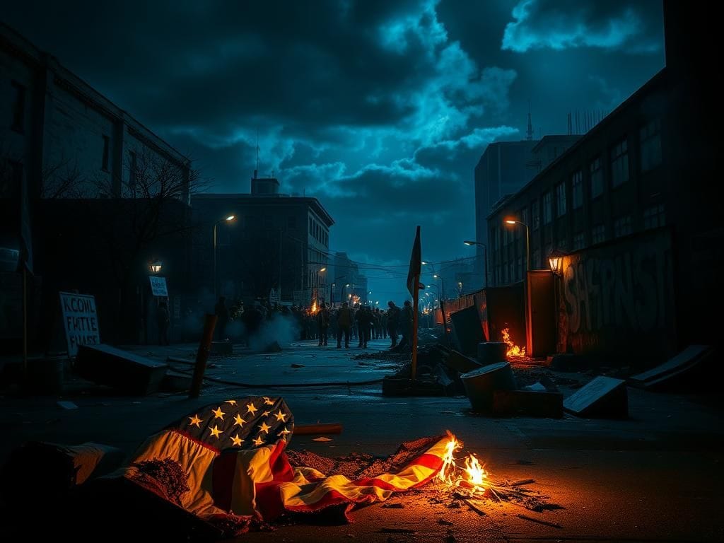 Flick International A chaotic protest area at night with a partially burned American flag on the ground