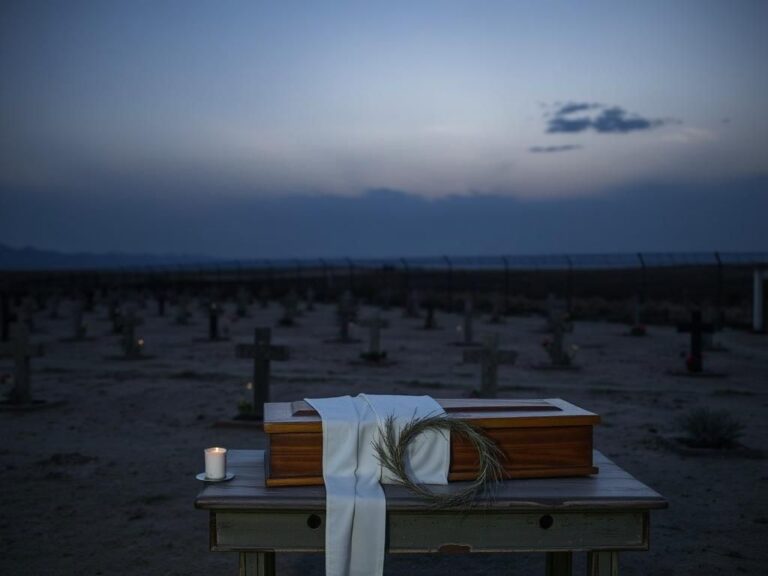 Flick International A serene yet haunting cemetery scene with wooden coffins and olive branches