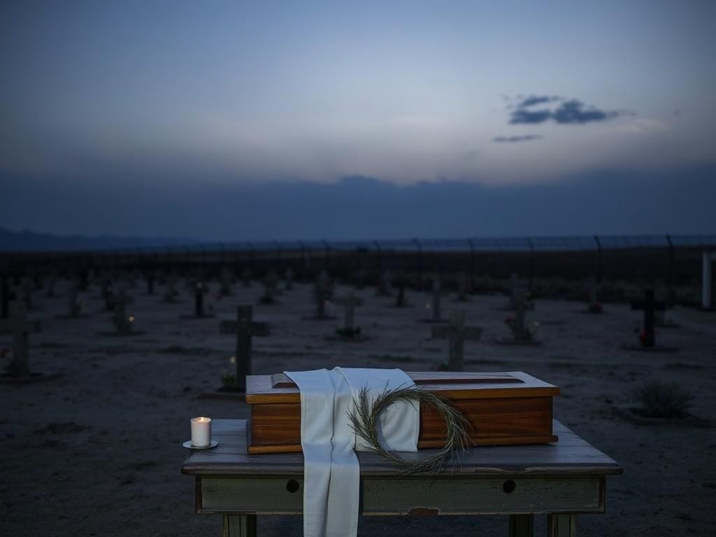 Flick International A serene yet haunting cemetery scene with wooden coffins and olive branches