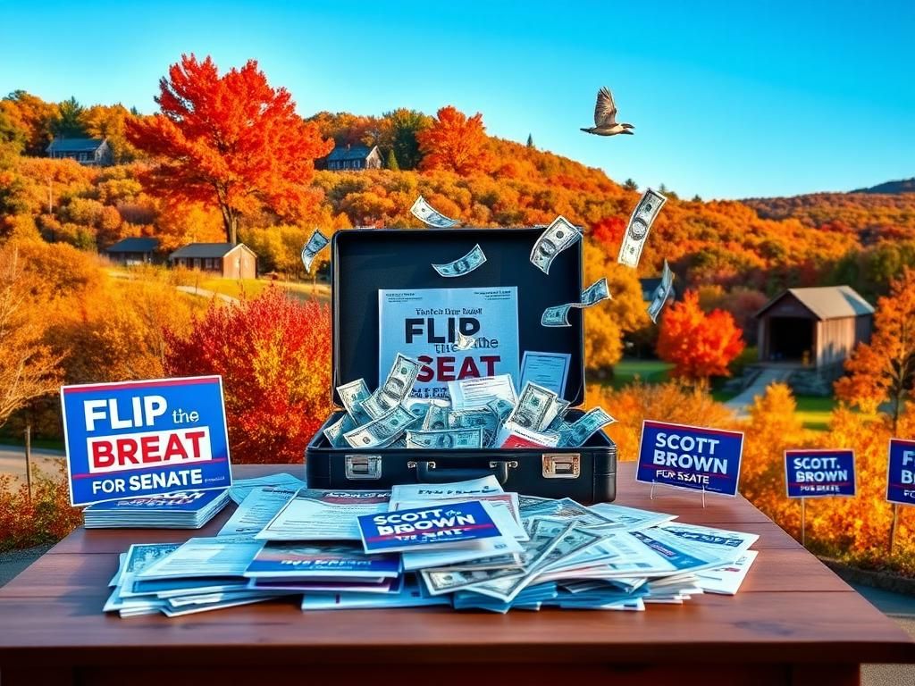Flick International A vibrant political campaign scene featuring campaign materials and fundraising elements in New Hampshire's autumn landscape.