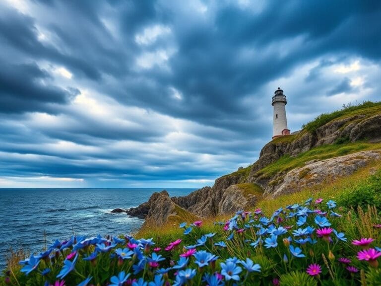 Flick International Rugged Maine coastline with lighthouse on cliff