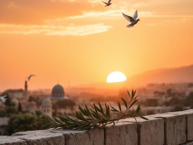 Flick International Sunrise over a peaceful Middle Eastern city with domed architecture and olive branch symbolizing peace.