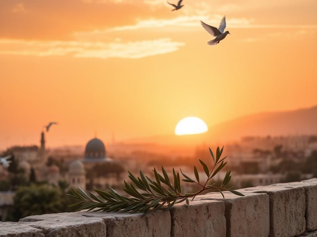 Flick International Sunrise over a peaceful Middle Eastern city with domed architecture and olive branch symbolizing peace.