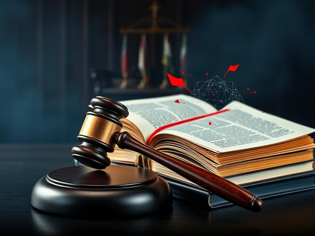 Flick International A dramatic courtroom scene with a gavel on legal books and abstract AI elements