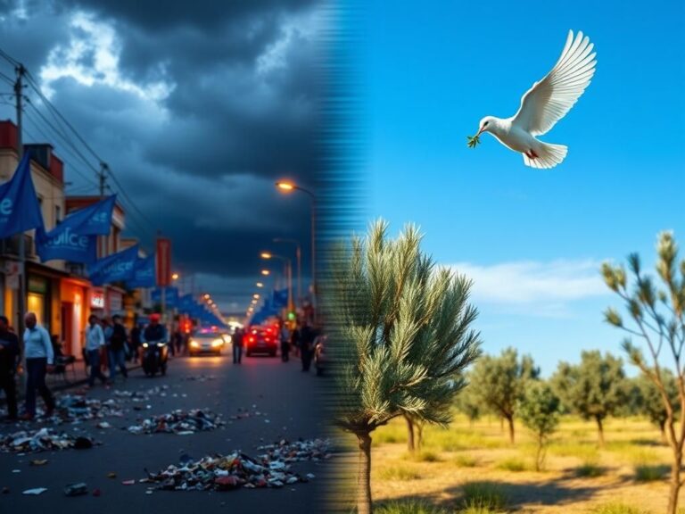 Flick International A split image illustrating political tensions and peace efforts with contrasting visuals.