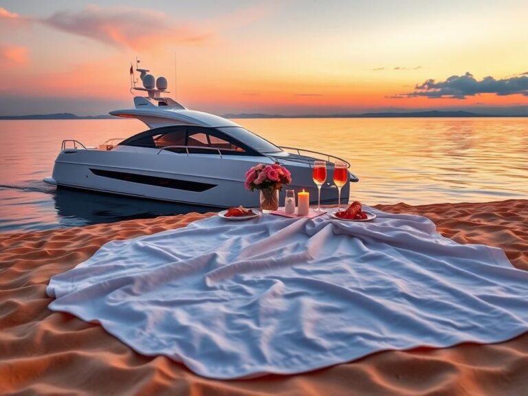 Flick International Romantic seaside setting at sunset with a yacht and an elegant table for two