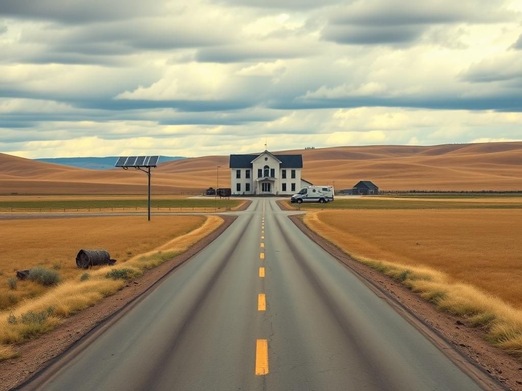Flick International Isolated rural hospital building surrounded by open fields and hills