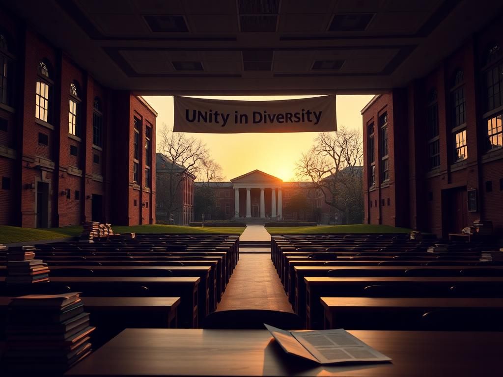 Flick International Serene view of Harvard University campus featuring historic buildings and an empty lecture hall