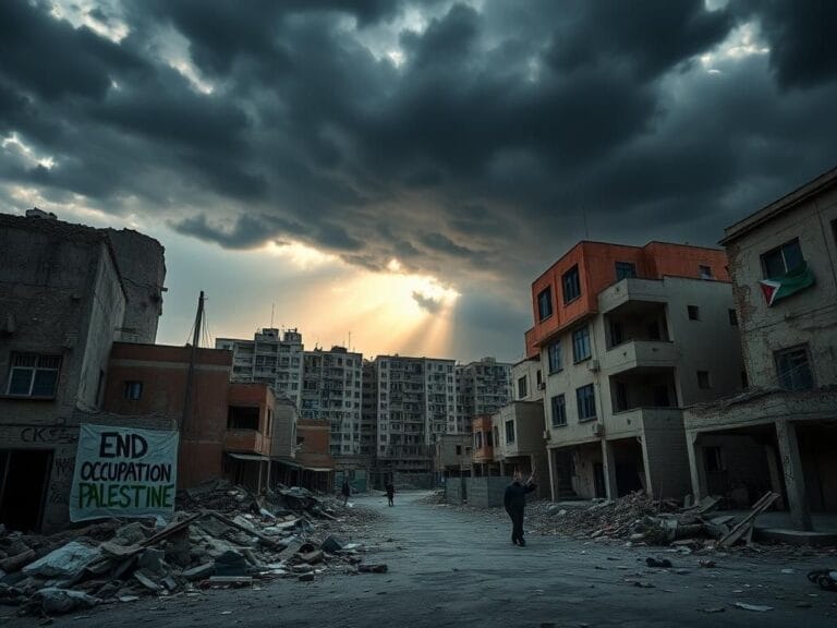 Flick International Desolate urban landscape symbolizing conflict and resistance featuring crumbling buildings and protest graffiti.