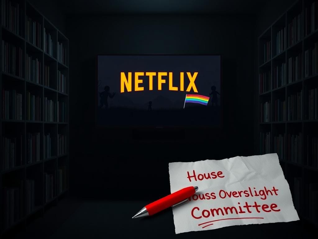 Flick International A dark room with shadowy bookshelves and a glowing TV displaying the Netflix logo amidst abstract shapes representing gender diversity.