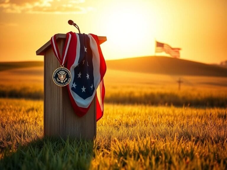 Flick International A weathered podium with an American flag and a vintage Presidential Medal of Freedom in a sunlit field