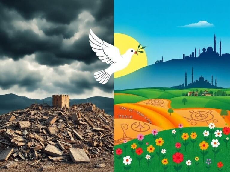 Flick International A dove carrying an olive branch symbolizes peace over a contrasting landscape of conflict and harmony