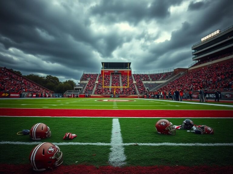 Flick International Tense sideline scene during a 49ers football game with empty field and dark clouds