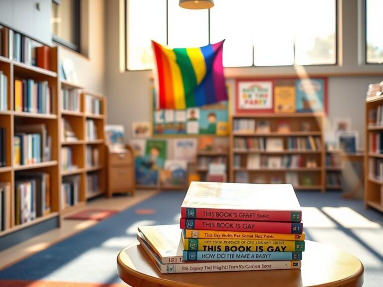 Flick International Cozy children's section of a library featuring LGBTQ-themed books