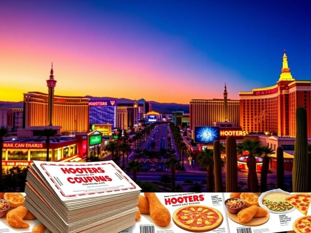 Flick International Aerial view of the Las Vegas Strip at dusk with neon lights and meal coupons.