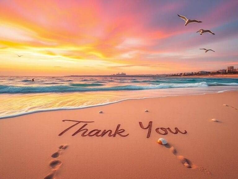 Flick International A serene beach in Tel Aviv with a stylized 'Thank You' message in the sand during sunset