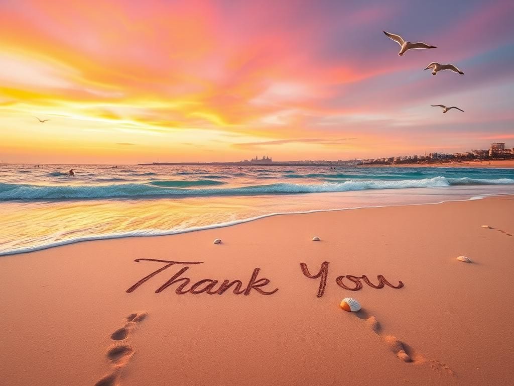 Flick International A serene beach in Tel Aviv with a stylized 'Thank You' message in the sand during sunset