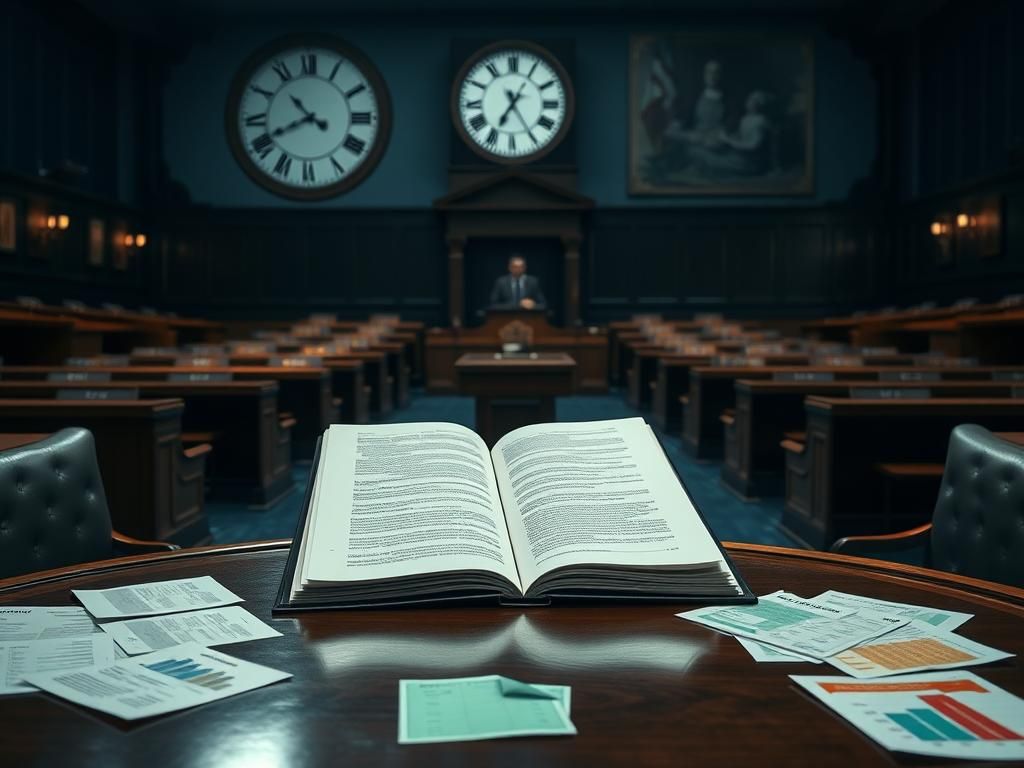 Flick International A dimly lit legislative chamber with empty benches and an open folder of healthcare proposals on a polished wooden table