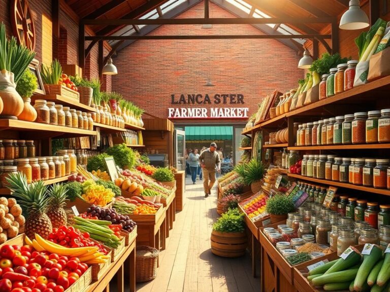Flick International A vibrant farmer's market scene at Lancaster Central Market showcasing fresh produce and local crafts