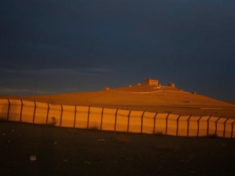 Flick International A stark landscape of northern Gaza with a yellow boundary line and military outpost at dusk