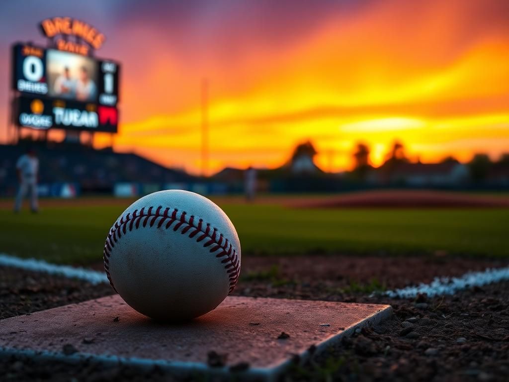 Flick International Baseball resting on home plate at dusk with a dramatic sunset backdrop