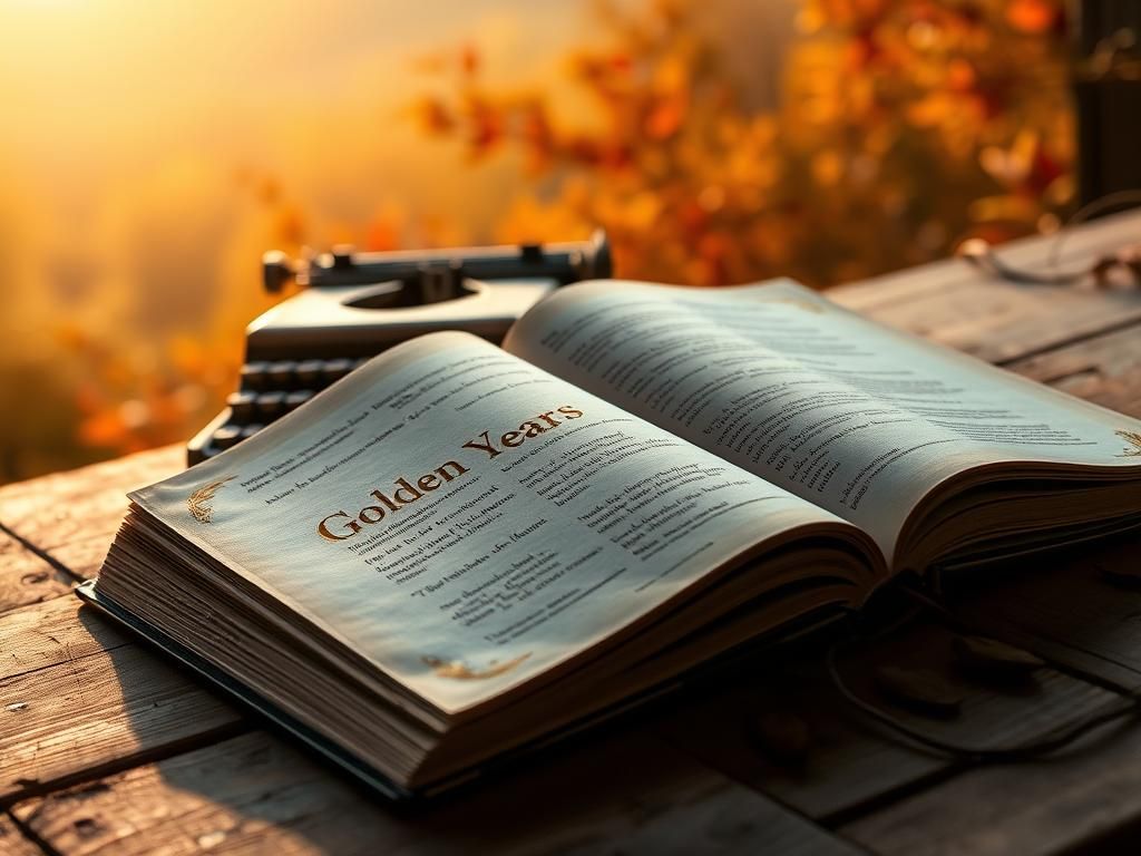 Flick International An open book titled 'Golden Years' with fluttering pages on a rustic wooden table