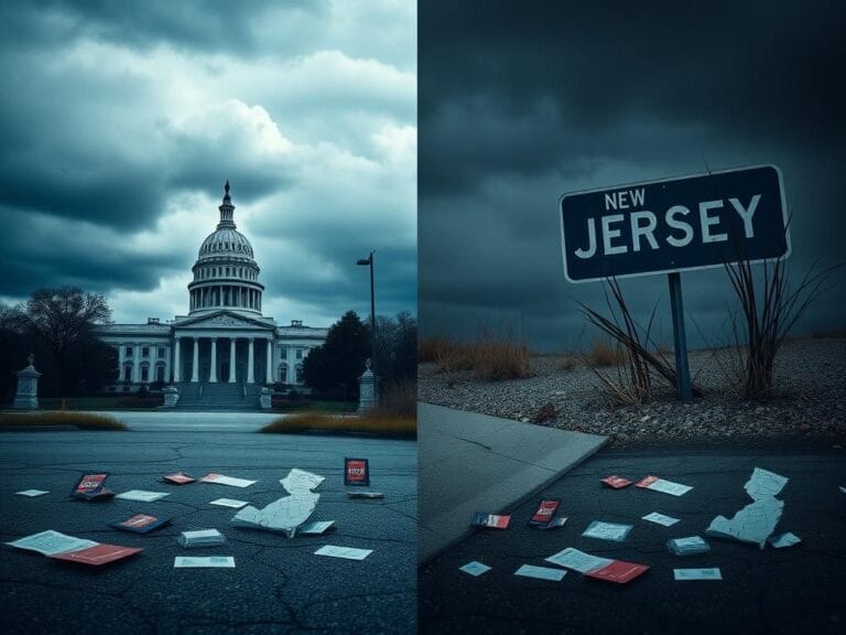 Flick International A split image depicting a tense political landscape with an empty Virginia state capitol building under an overcast sky and an abandoned New Jersey street sign overgrown with weeds.