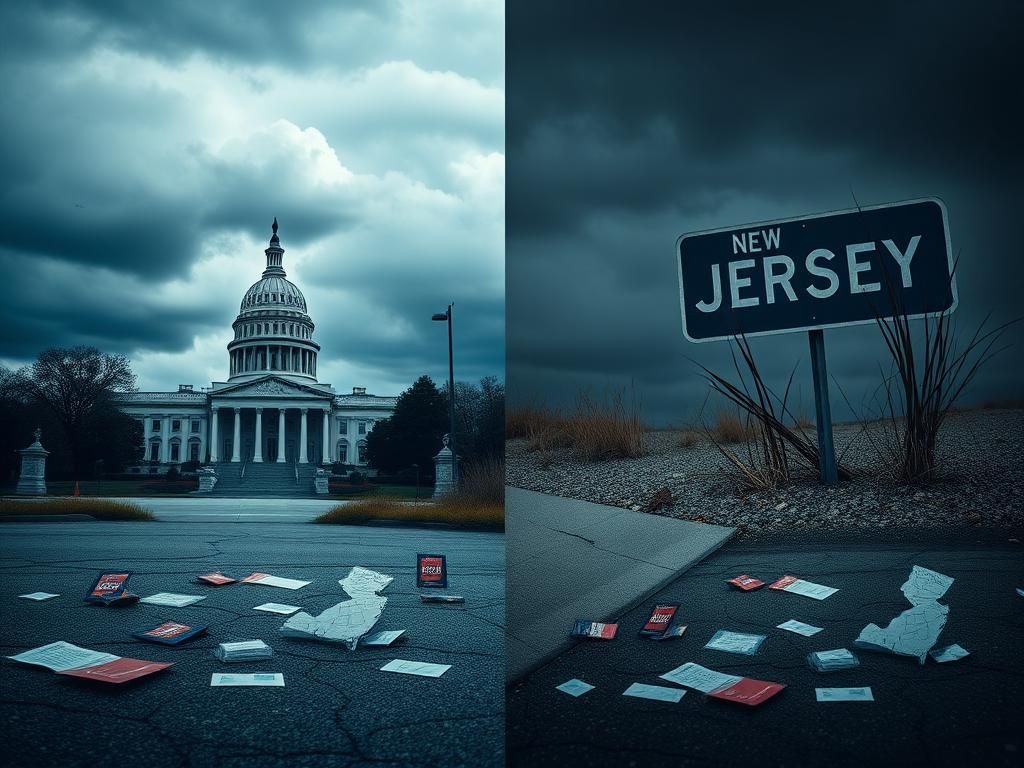 Flick International A split image depicting a tense political landscape with an empty Virginia state capitol building under an overcast sky and an abandoned New Jersey street sign overgrown with weeds.