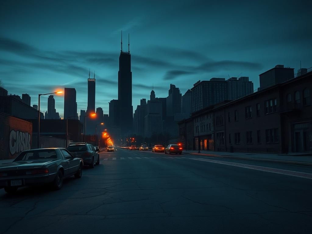 Flick International Dusk view of Chicago skyline highlighting urban decay and crime