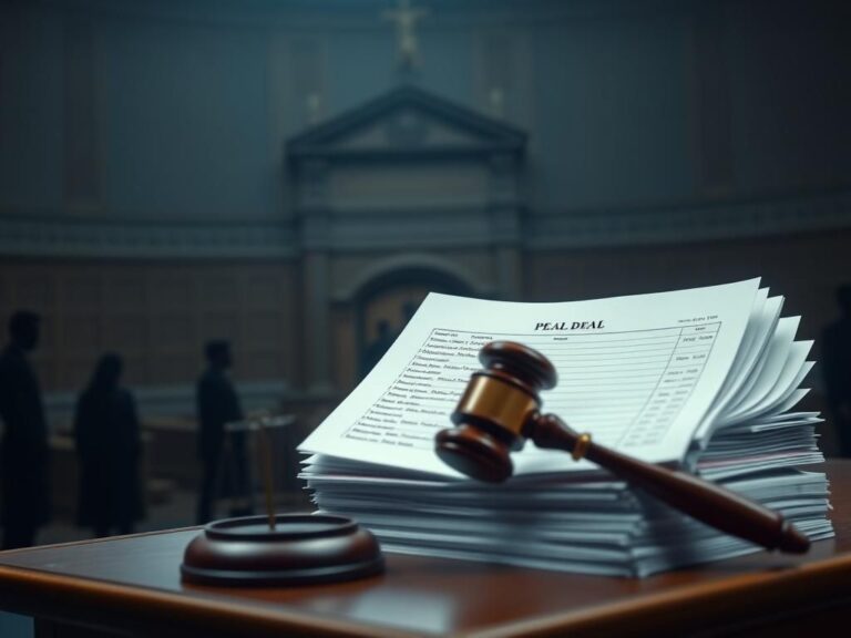 Flick International Somber courtroom with empty chair and gavel, representing plea deal gravity