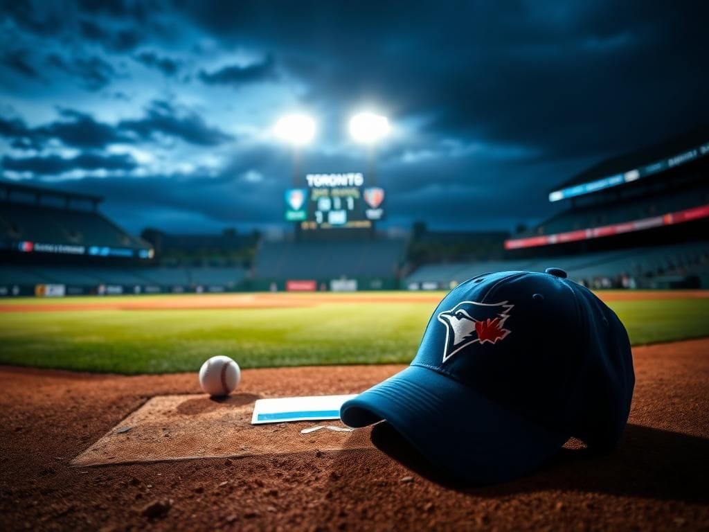 Flick International Dimly-lit baseball stadium with a pristine field, showcasing a victorious moment for the Blue Jays