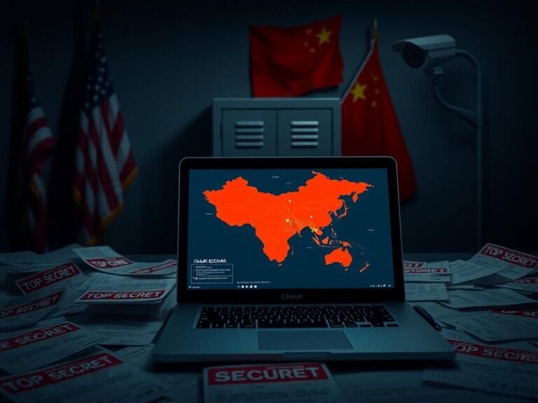 Flick International Dimly lit office with classified documents and a modern laptop displaying a map of China