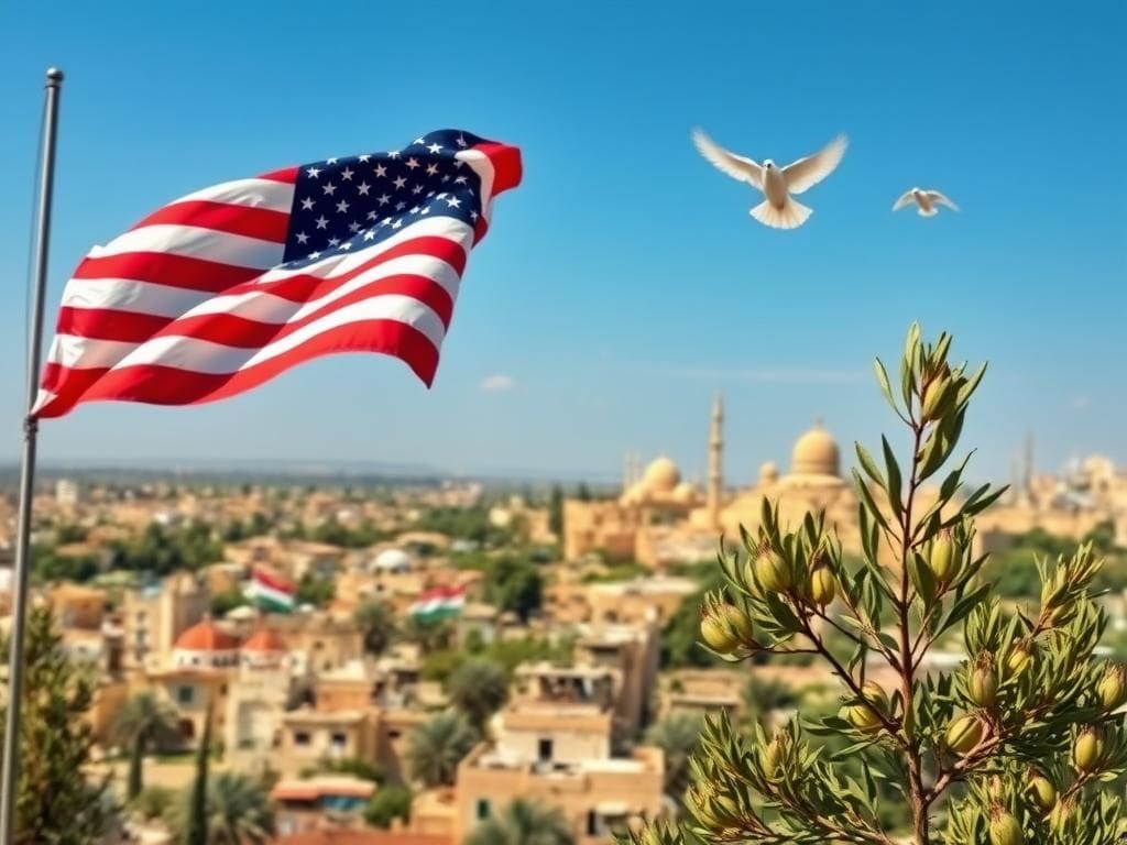Flick International Aerial view of Gaza landscape with American flag and doves symbolizing peace