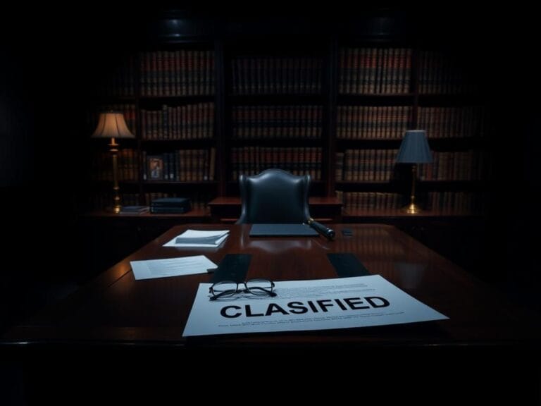 Flick International Dark, shadowy office with imposing desk and legal documents