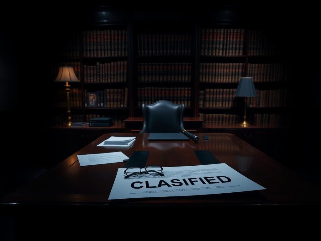 Flick International Dark, shadowy office with imposing desk and legal documents