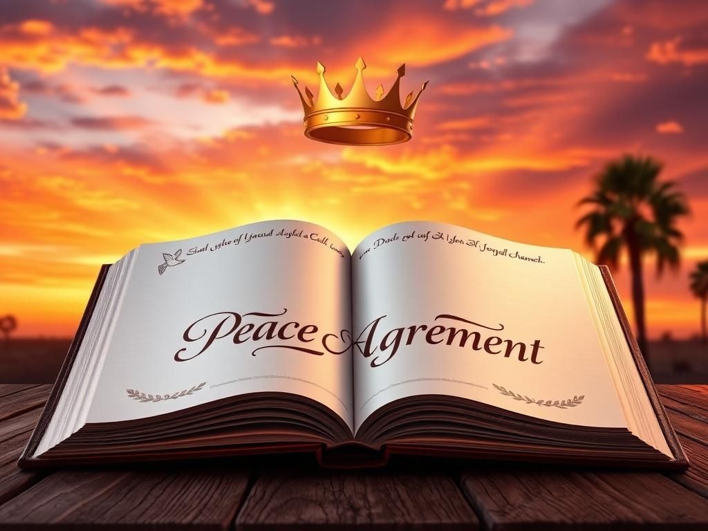 Flick International Sunset over a landscape with a book showing 'Peace Agreement' and symbols of hope