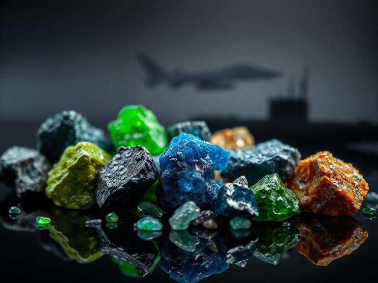 Flick International A close-up view of rare earth minerals including bright green europium and deep blue terbium, symbolizing the high stakes of global trade.