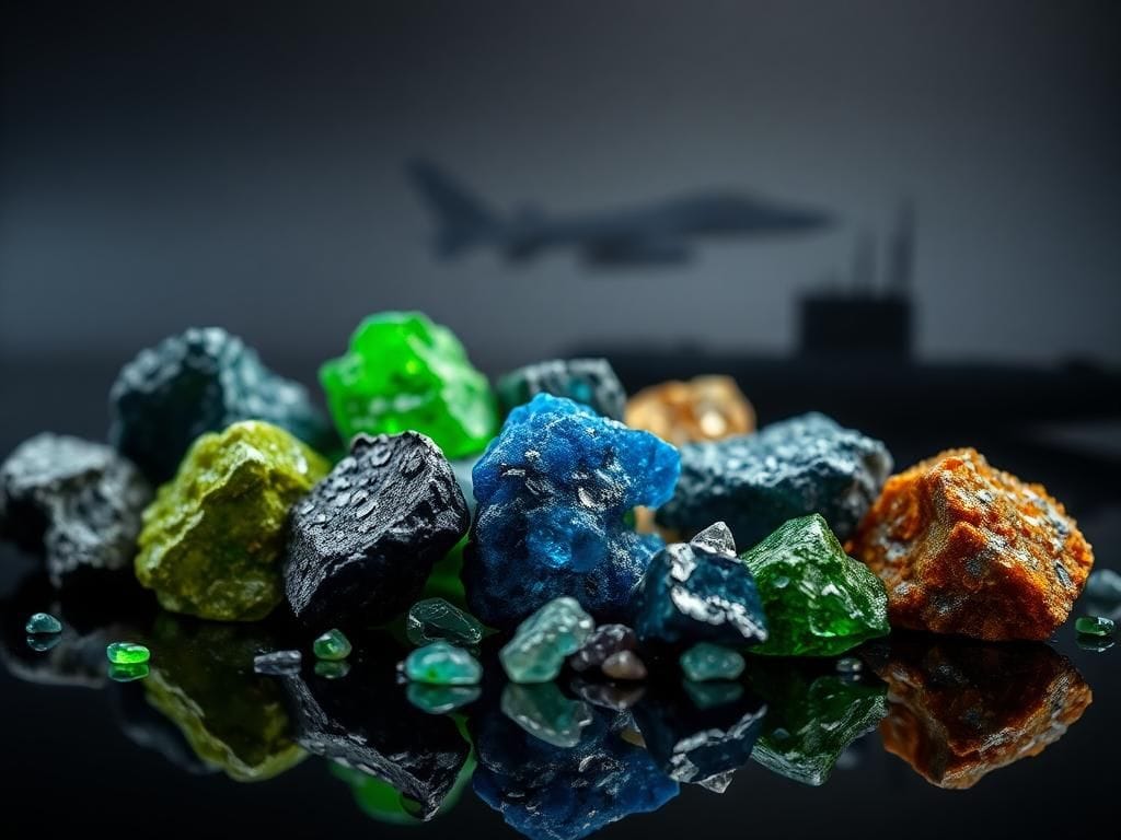 Flick International A close-up view of rare earth minerals including bright green europium and deep blue terbium, symbolizing the high stakes of global trade.