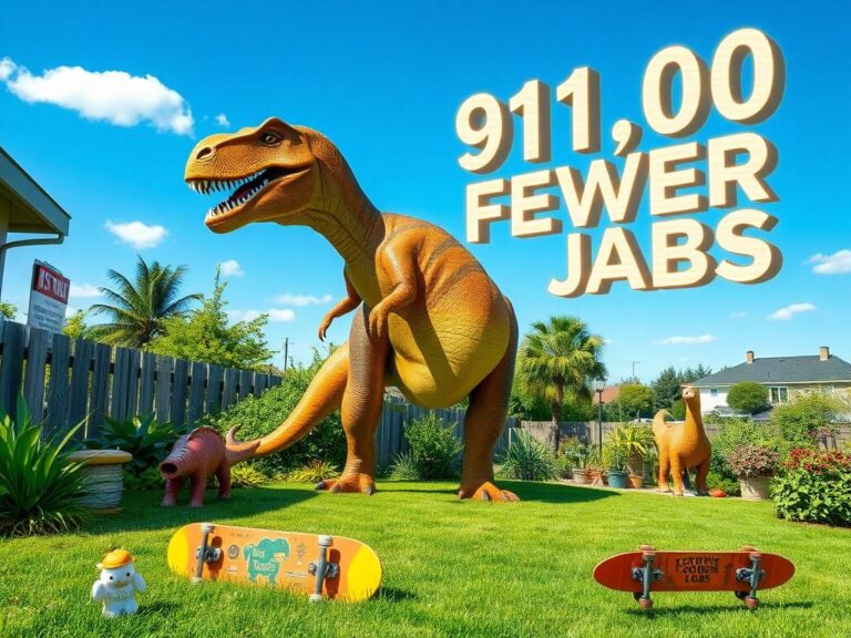 Flick International Life-sized animatronic T-Rex in a backyard with vibrant garden decorations