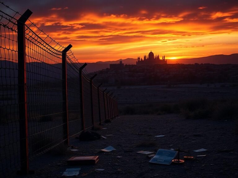 Flick International Weathered border fence at sunset symbolizing division between the US and Mexico