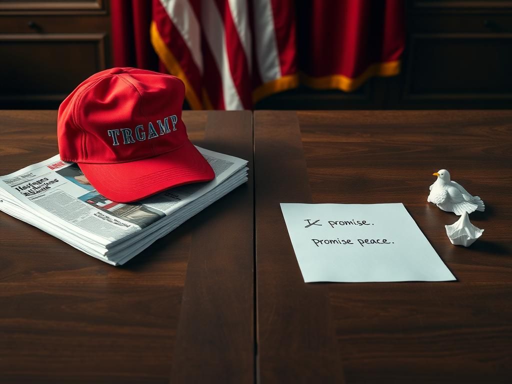 Flick International A red MAGA hat on a table with papers and a dove figurine symbolizing political promises and peace discussions