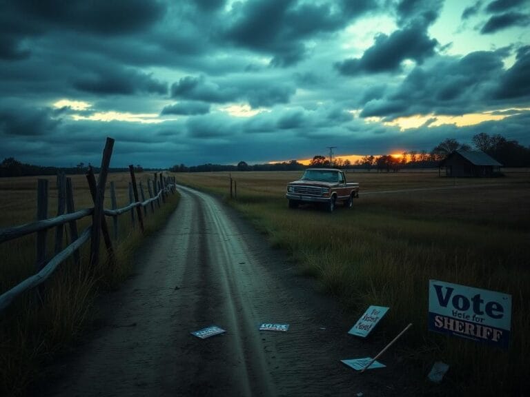 Flick International Weathered landscape depicting a rural Arkansas scene with a broken fence and old pickup truck