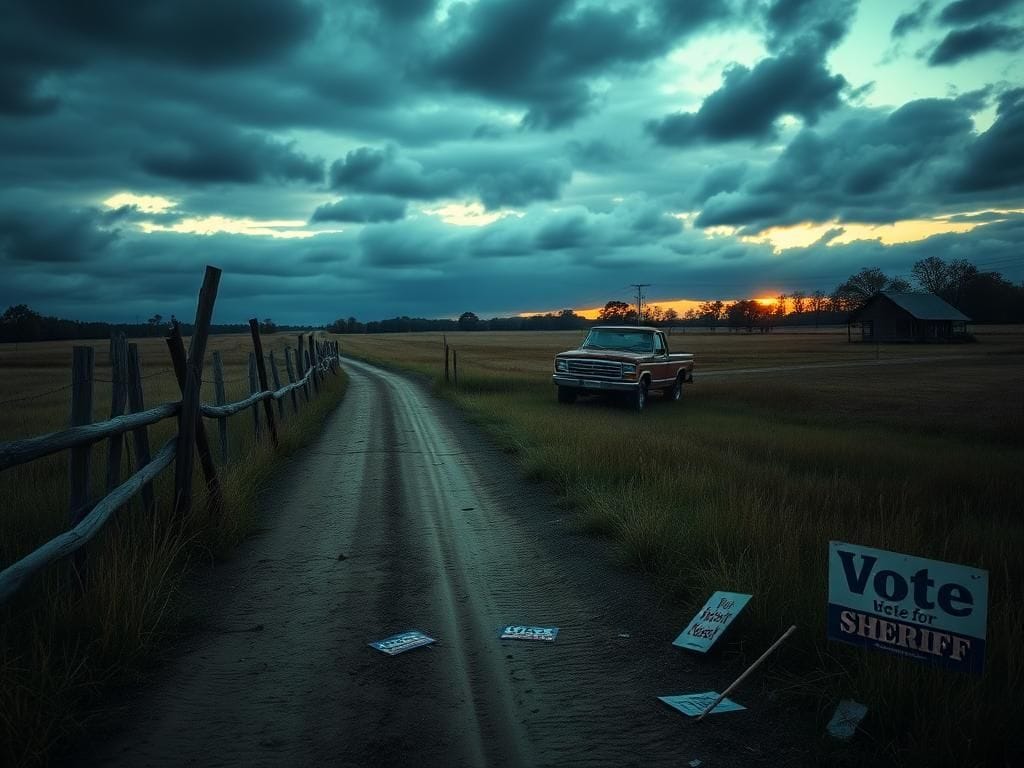 Flick International Weathered landscape depicting a rural Arkansas scene with a broken fence and old pickup truck