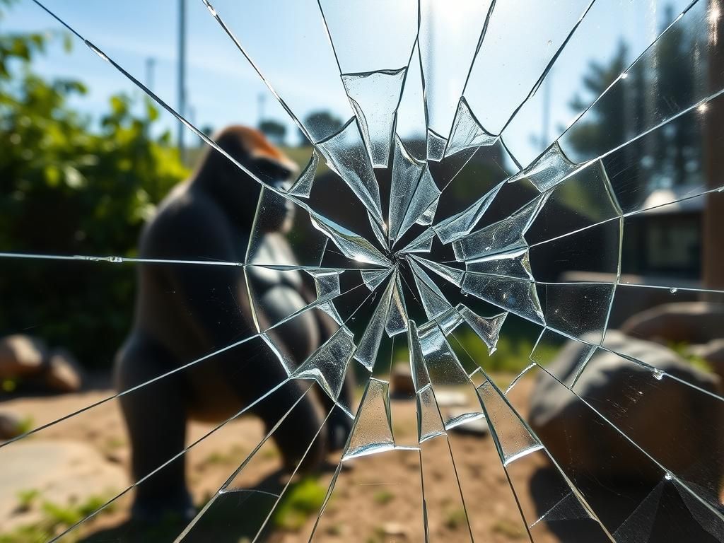 Flick International Close-up of shattered glass panel in a zoo enclosure with gorilla silhouette